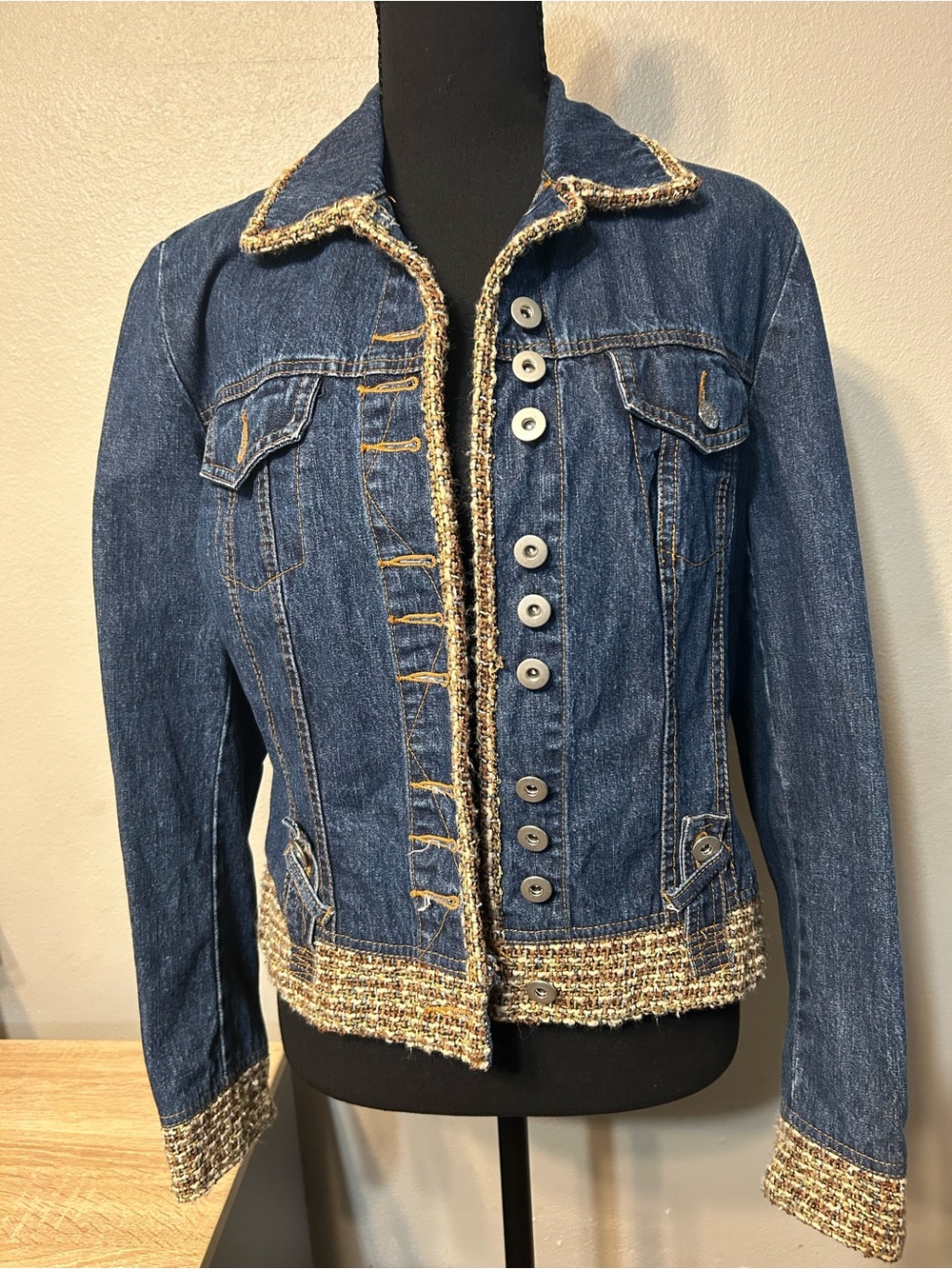 Y2K Jeanology Denim Jacket Women 10 Tweed Boucle Trim Fitted Jean Blazer